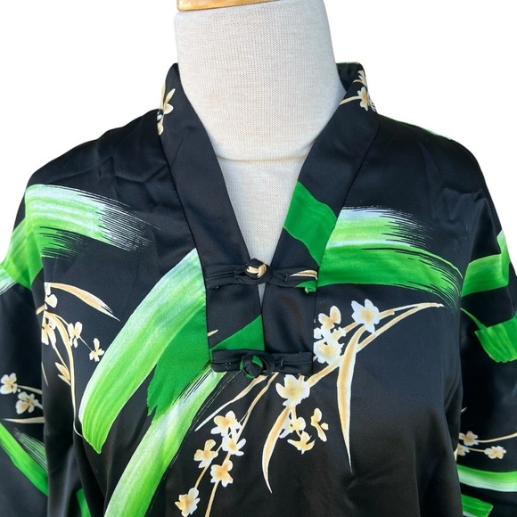 VTG Andrade Honolulu Polynesian Kimono Style Caftan Black Green Floral Size 12 - Picture 4 of 13